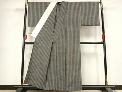 平和屋着物▽上質な紬　単衣　縞　正絹　逸品　AABB2260fy