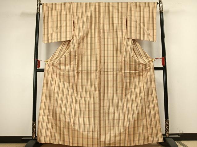 平和屋着物▽本場縞大島紬 単衣 格子 正絹 逸品 AABB2272fy