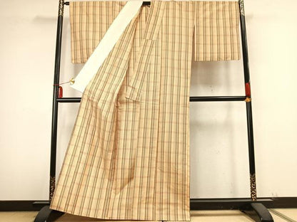 平和屋着物▽本場縞大島紬 単衣 格子 正絹 逸品 AABB2272fy