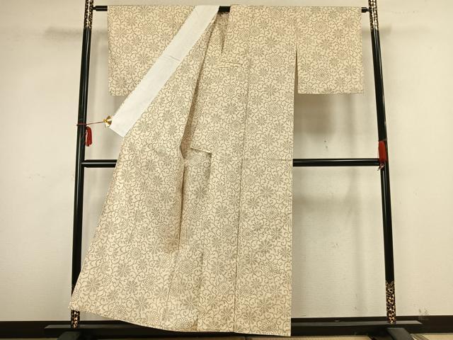 平和屋着物▽上質な紬　単衣　花唐草文　正絹　逸品　AABB2274fy