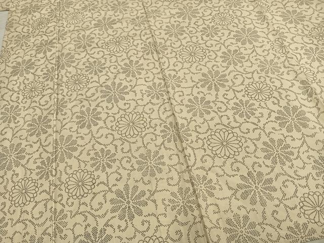平和屋着物▽上質な紬　単衣　花唐草文　正絹　逸品　AABB2274fy
