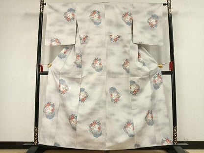平和屋着物▽小千谷紬　単衣　雪輪草花文　正絹　逸品　AABB2287fy
