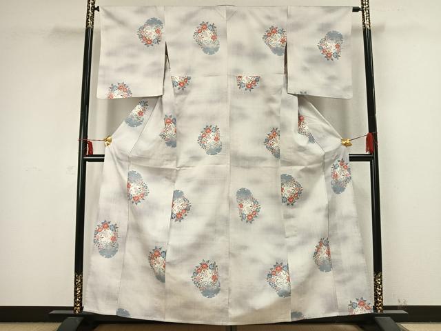 平和屋着物▽小千谷紬　単衣　雪輪草花文　正絹　逸品　AABB2287fy