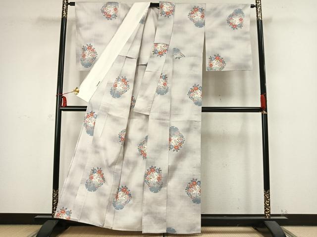 平和屋着物▽小千谷紬　単衣　雪輪草花文　正絹　逸品　AABB2287fy