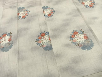 平和屋着物▽小千谷紬　単衣　雪輪草花文　正絹　逸品　AABB2287fy