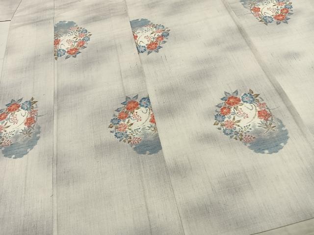 平和屋着物▽小千谷紬　単衣　雪輪草花文　正絹　逸品　AABB2287fy