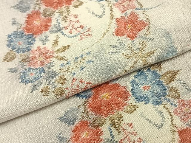 平和屋着物▽小千谷紬　単衣　雪輪草花文　正絹　逸品　AABB2287fy