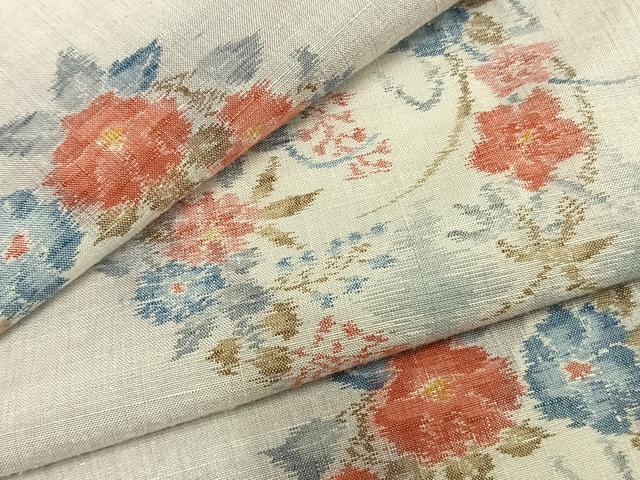 平和屋着物▽小千谷紬　単衣　雪輪草花文　正絹　逸品　AABB2287fy