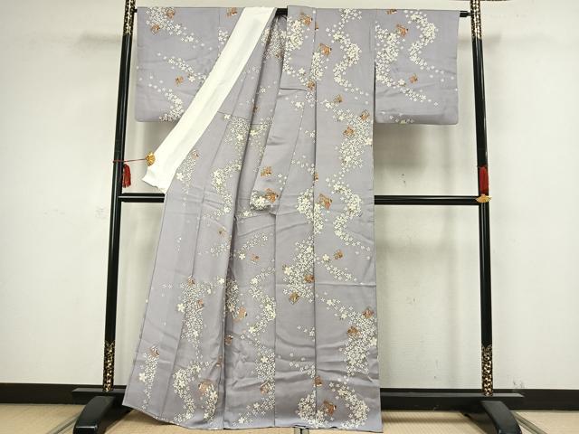 平和屋着物▽上質な小紋　単衣　舞花文　金彩　正絹　逸品　AABB2294fy