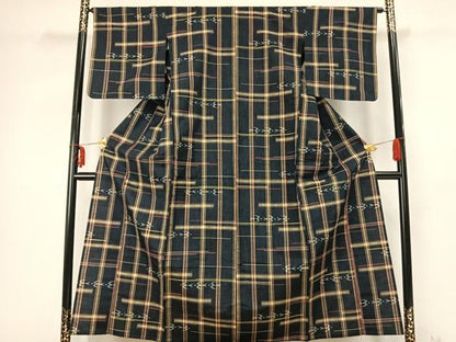 平和屋着物▽上質な紬　単衣　格子飛鳥文　正絹　逸品　AABB2302fy