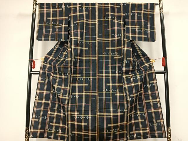 平和屋着物▽上質な紬　単衣　格子飛鳥文　正絹　逸品　AABB2302fy