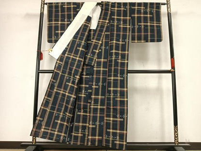 平和屋着物▽上質な紬　単衣　格子飛鳥文　正絹　逸品　AABB2302fy