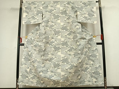 平和屋着物▽上質な紬　単衣　流水草花文　正絹　逸品　AABB2311fy