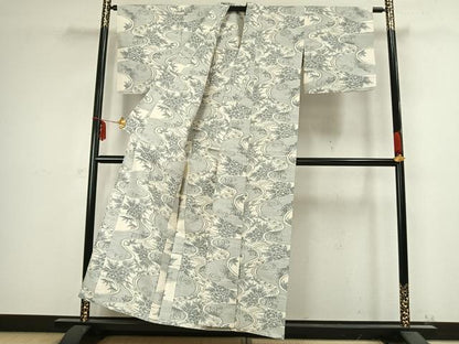 平和屋着物▽上質な紬　単衣　流水草花文　正絹　逸品　AABB2311fy