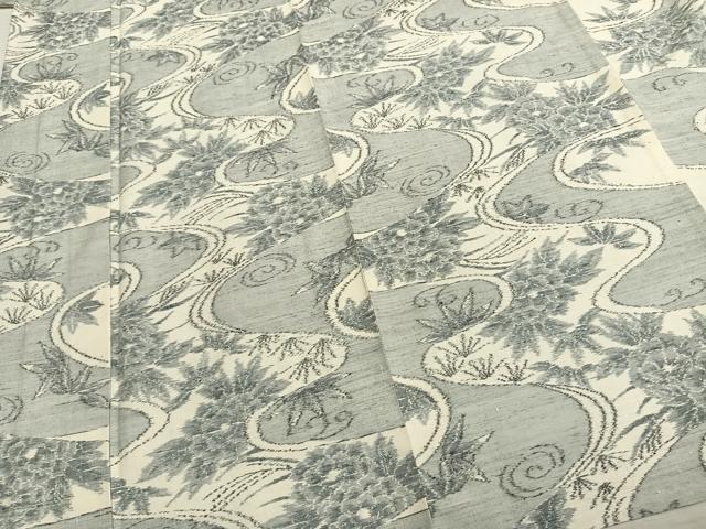 平和屋着物▽上質な紬　単衣　流水草花文　正絹　逸品　AABB2311fy