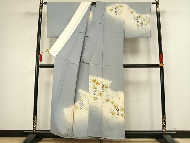 平和屋着物▽訪問着 単衣 手描き 葡萄蔦の葉文 正絹 逸品 AABB2313fy