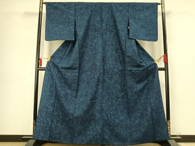 平和屋着物▽上質な紬 単衣 型染め 花唐草文 正絹 逸品 AABB2321fy