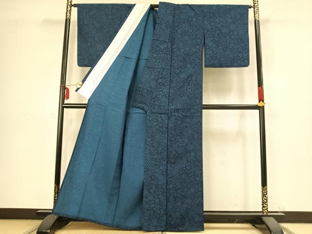 平和屋着物▽上質な紬 単衣 型染め 花唐草文 正絹 逸品 AABB2321fy