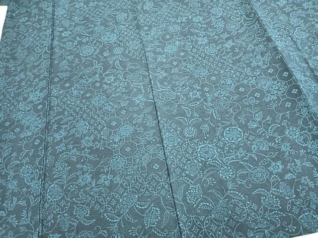 平和屋着物▽上質な紬 単衣 型染め 花唐草文 正絹 逸品 AABB2321fy