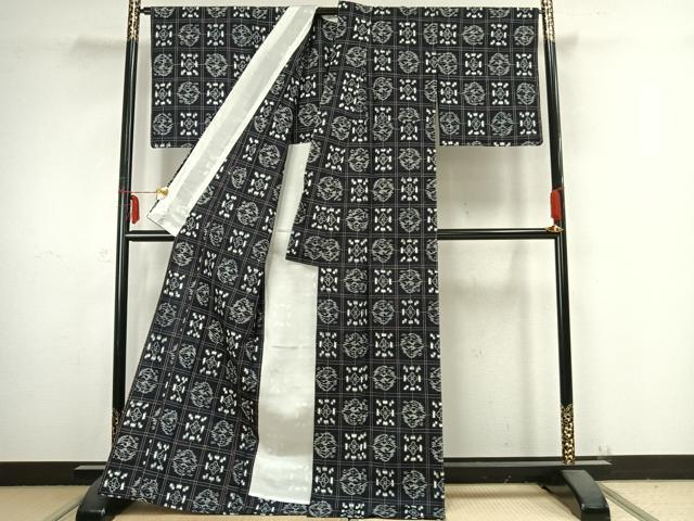 平和屋着物▽上質な紬 単衣 花格子 正絹 逸品 未使用 AABB2323fy