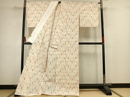 平和屋着物▽上質な紬　単衣　矢羽市松文　ロング丈　正絹　逸品　未使用　AABB2324fy