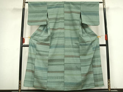 平和屋着物▽お召　単衣　横段文　正絹　逸品　AABB2332fy