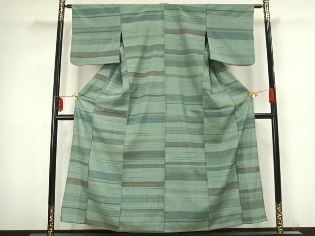 平和屋着物▽お召　単衣　横段文　正絹　逸品　AABB2332fy