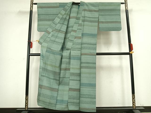 平和屋着物▽お召　単衣　横段文　正絹　逸品　AABB2332fy