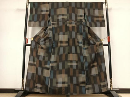 平和屋着物▽上質な紬 単衣 幾何学文様 正絹 逸品 AABB2335fy