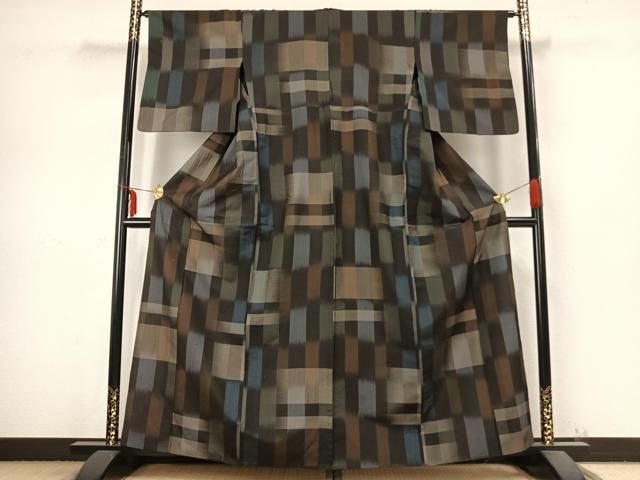 平和屋着物▽上質な紬 単衣 幾何学文様 正絹 逸品 AABB2335fy