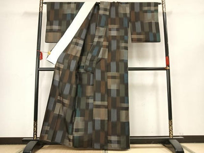 平和屋着物▽上質な紬 単衣 幾何学文様 正絹 逸品 AABB2335fy