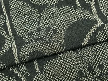 平和屋着物▽上質な紬　単衣　草花文　黒地　正絹　逸品　AABB2342fy