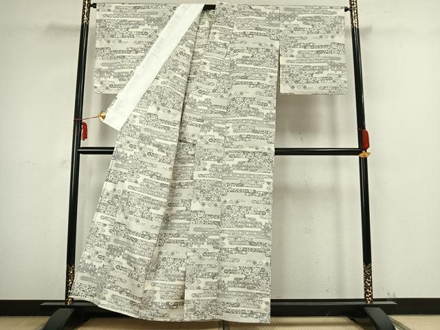 平和屋着物▽本場大島紬 白大島 単衣 霞取り文 正絹 逸品 AABB2343fy