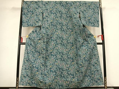 平和屋着物▽上質な紬 単衣 草花文 正絹 逸品 AABB2346fy