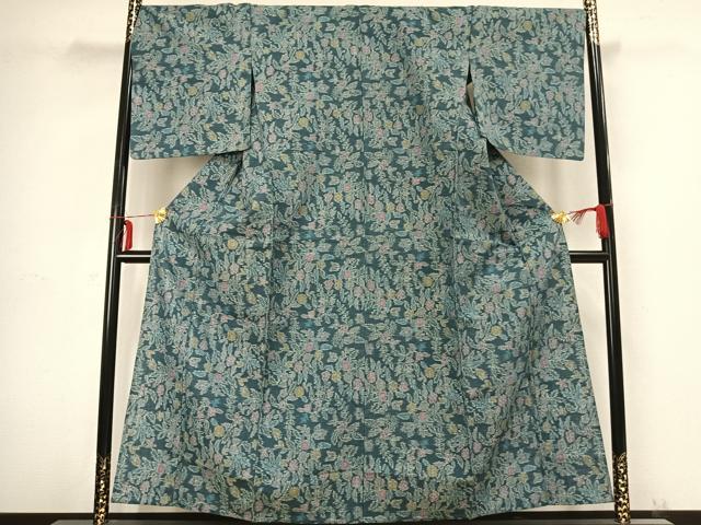 平和屋着物▽上質な紬 単衣 草花文 正絹 逸品 AABB2346fy