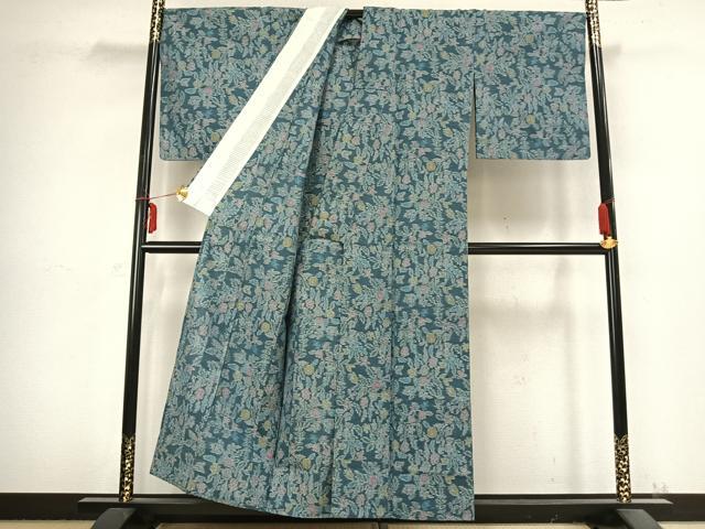 平和屋着物▽上質な紬 単衣 草花文 正絹 逸品 AABB2346fy