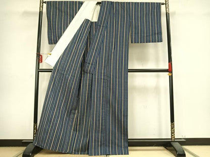 平和屋着物▽上質な紬 単衣 縞 正絹 逸品 AABB2354fy