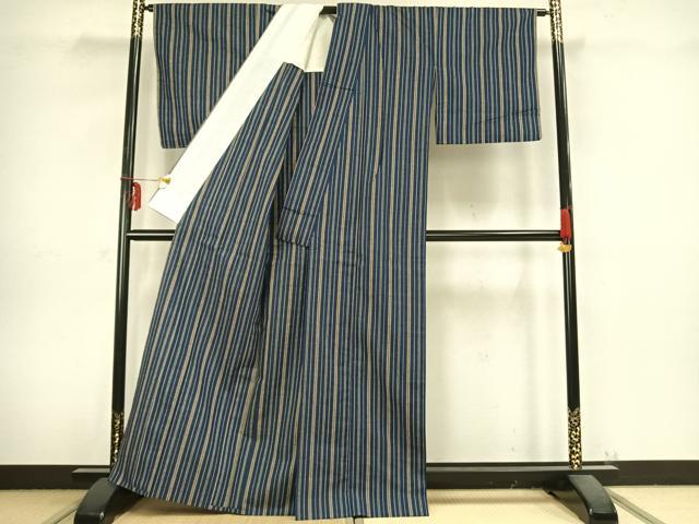 平和屋着物▽上質な紬 単衣 縞 正絹 逸品 AABB2354fy