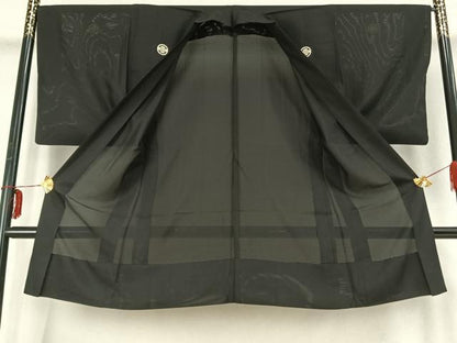 平和屋着物▽男性 黒紋付 長羽織 スリーシーズン 春夏秋 塵除け 正絹 逸品 AABB2358fy