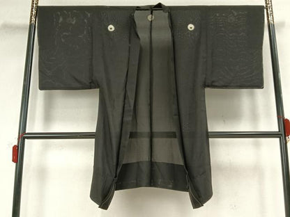 平和屋着物▽男性 黒紋付 長羽織 スリーシーズン 春夏秋 塵除け 正絹 逸品 AABB2361fy