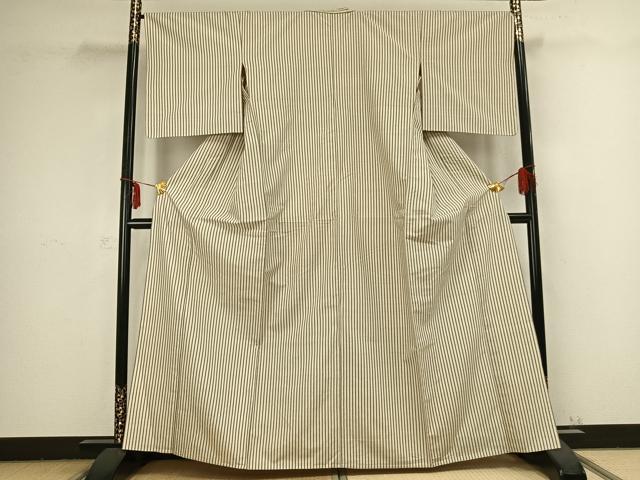 平和屋着物▽上質な紬 単衣 縞 正絹 逸品 AABB2369fy