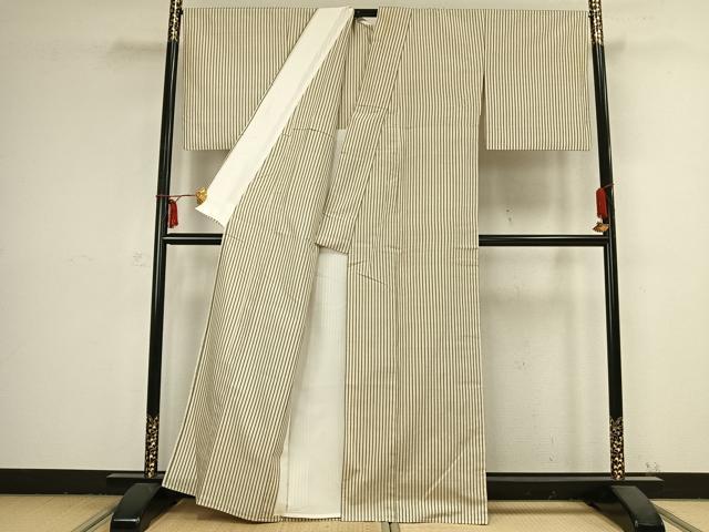 平和屋着物▽上質な紬 単衣 縞 正絹 逸品 AABB2369fy
