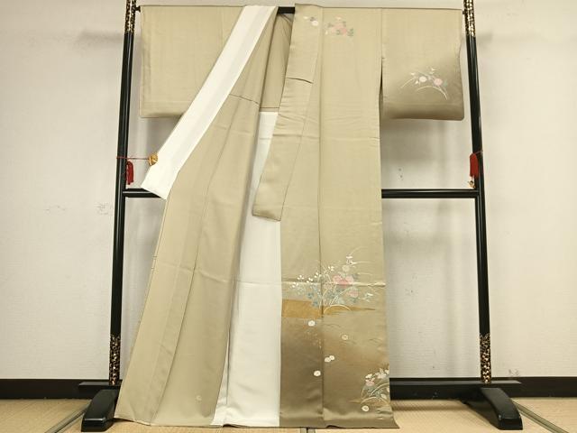 平和屋着物▽訪問着 単衣 草花文 暈し染め 金彩 ロング丈 正絹 逸品 AABB2376fy