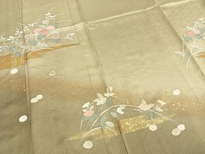 平和屋着物▽訪問着 単衣 草花文 暈し染め 金彩 ロング丈 正絹 逸品 AABB2376fy
