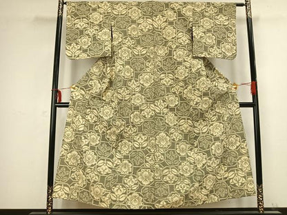 平和屋着物▽上質な紬 単衣 亀甲花文 正絹 逸品 AABB2389fy