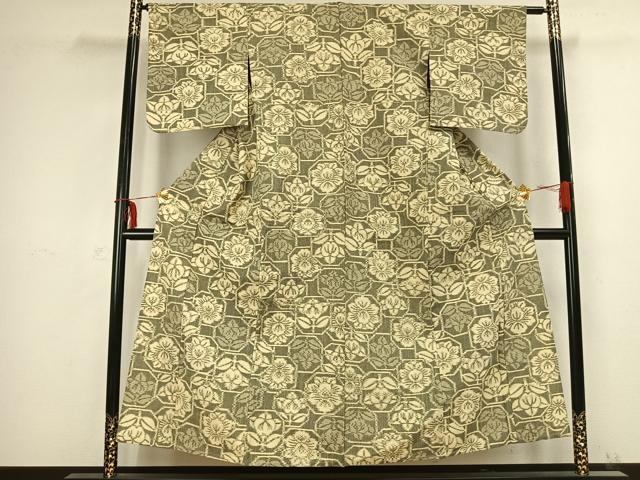 平和屋着物▽上質な紬 単衣 亀甲花文 正絹 逸品 AABB2389fy