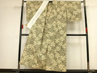 平和屋着物▽上質な紬 単衣 亀甲花文 正絹 逸品 AABB2389fy