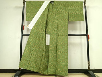 平和屋着物▽上質な紬 単衣 幾何学文様 正絹 逸品 AABB2390fy