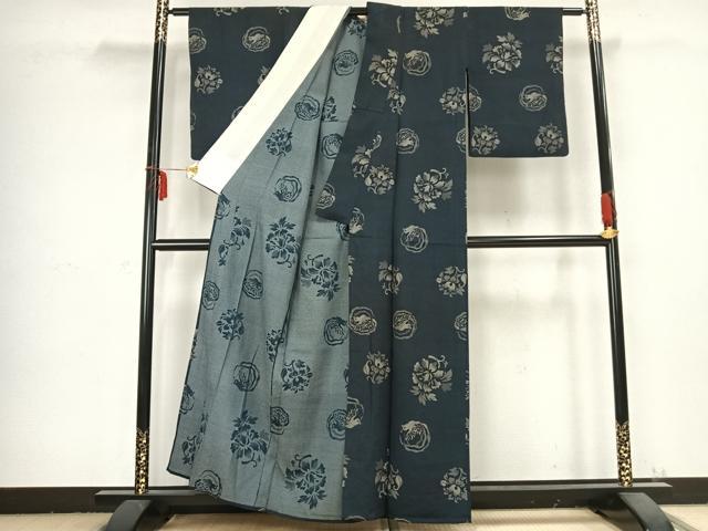 平和屋着物▽お召 単衣 花鳥文 正絹 逸品 AABB2398fy