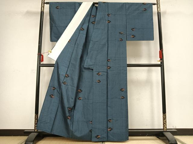 平和屋着物▽上質な紬　単衣　草花文　正絹　逸品　未使用　AABB2400fy
